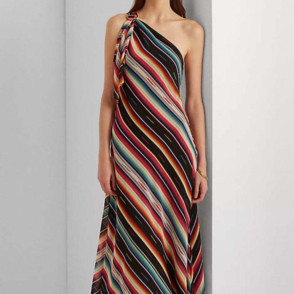 Lauren Ralph Lauren Striped Crinkle Georgette One-Shoulder Dress NWT